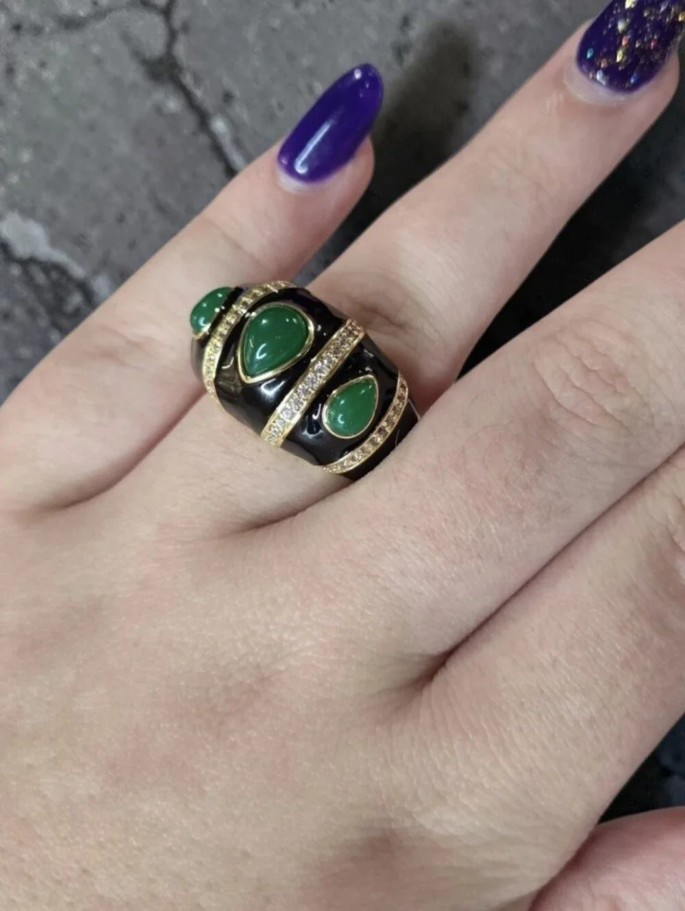 18k Gold Plated Luxury Onyx Enamel Green Onyx Cabochon Domed Statement Ring